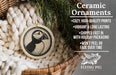 Ceramic ornaments, featuring a puffed-out penguin design, are displayed in a woven basket.
