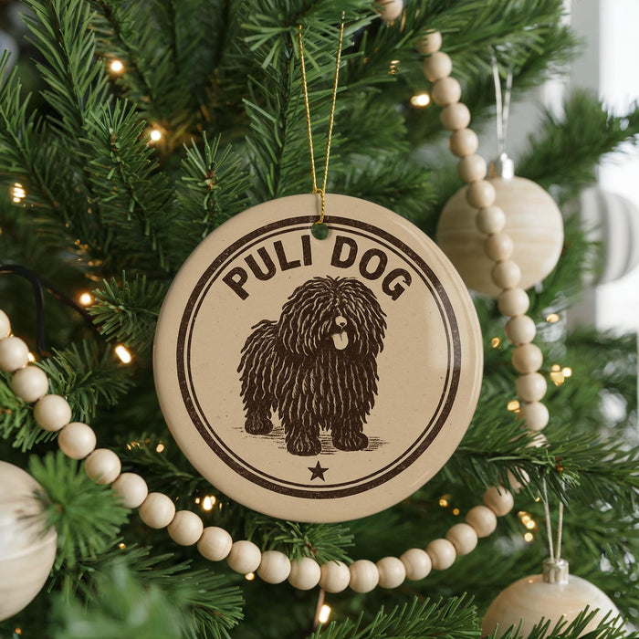 A Christmas tree decorated with ornaments, including a circular ornament with a picture of a poodle and the text "PULI DOG" on it.