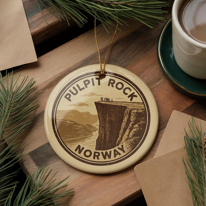 A circular ornament with the text "PULPIT ROCK NORWAY" on it, featuring a scenic image of a cliff with people standing on it. The ornament is hanging from a string, and there is a cup of coffee and some pine branches in the background.