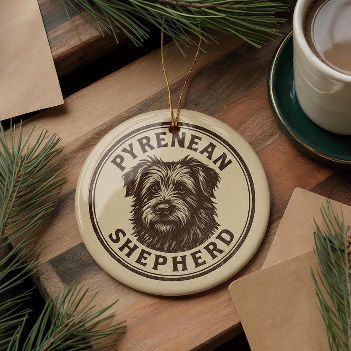 A circular ornament featuring a dog's face and the text "PYRENEAN SHEPHERD" is displayed on a wooden surface, surrounded by pine branches and a cup of coffee.