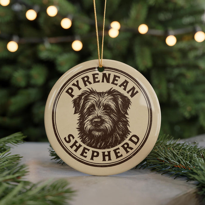 A circular ornament featuring a close-up of a Pyrenean Shepherd dog's face, with the text "PYREAN SHEPHERD" printed on it.