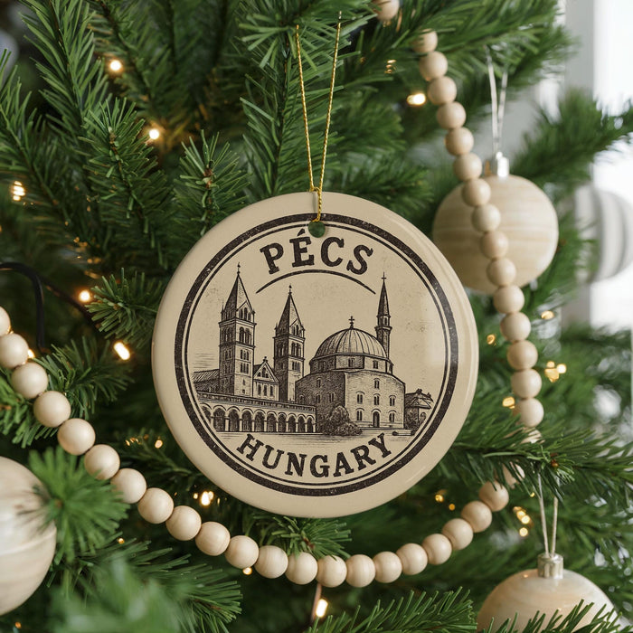 A Christmas tree decorated with ornaments, including a circular ornament with a drawing of a building and the text "PÉCS HUNGARY".