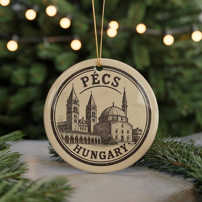 A circular ornament with a drawing of a church and the text "PEÇS HUNGARY" on it, hanging in front of a Christmas tree with lights.