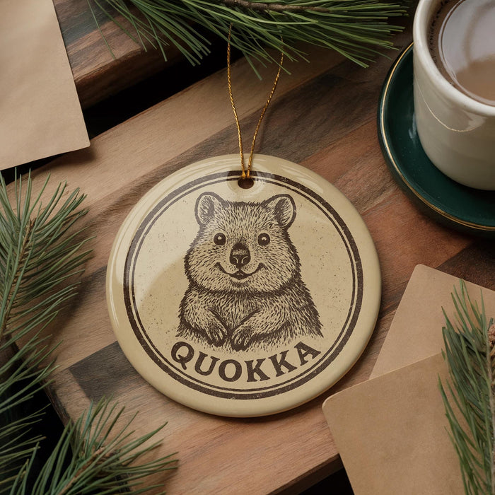 A round ornament featuring a cartoon image of a wombat, with the word "QUOKKA" written below it, is displayed on a wooden surface alongside a cup of coffee and some pine branches.