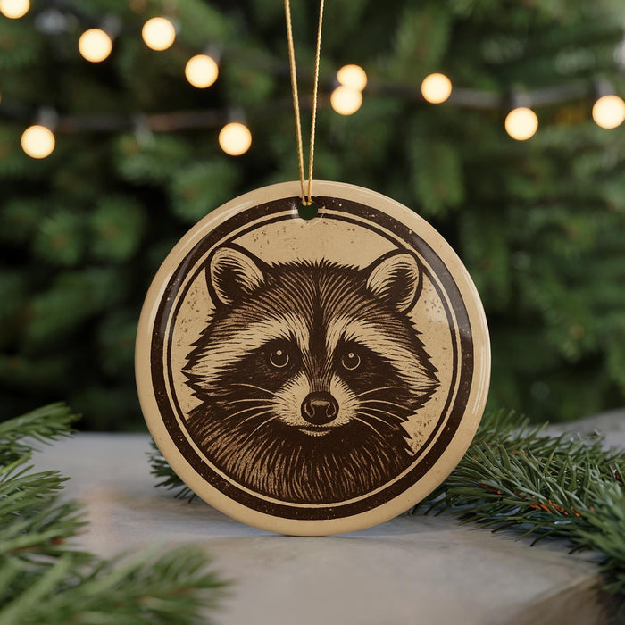 A round ornament featuring a raccoon's face is displayed in front of a blurred background of Christmas lights.