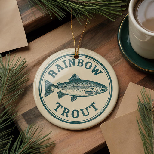 A round ornament with the text "RAINBOW TROUT" and an illustration of a rainbow trout is displayed on a wooden surface, accompanied by pine branches and a cup of coffee.