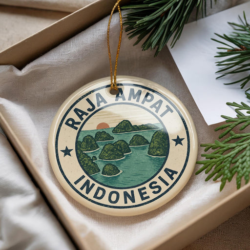 A decorative ornament with a circular design featuring a tropical island landscape and the text "RAJA AMPAT INDONESIA" is displayed in a box.