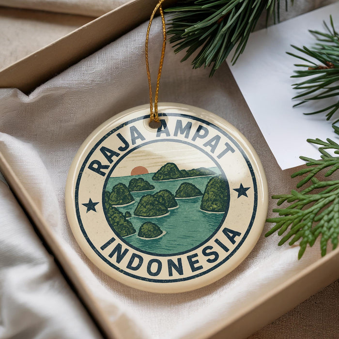 A decorative ornament with a circular design featuring a tropical island landscape and the text "RAJA AMPAT INDONESIA" is displayed in a box.