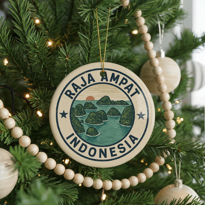 A round ornament on a Christmas tree, featuring a tropical island landscape and the text "RAJA AMPAT INDONESIA".