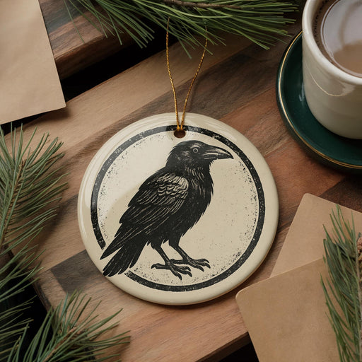 a ceramic ornament with a black and white illustration of a bird, specifically a crow, on a wooden surface. The ornament is hanging from a string, and there is a cup of coffee and some pine branches in the background.