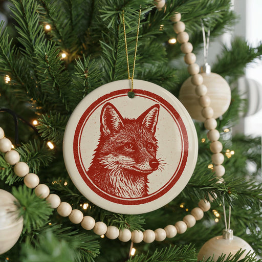 A Christmas tree decorated with ornaments, including a red and white fox ornament hanging from the tree.