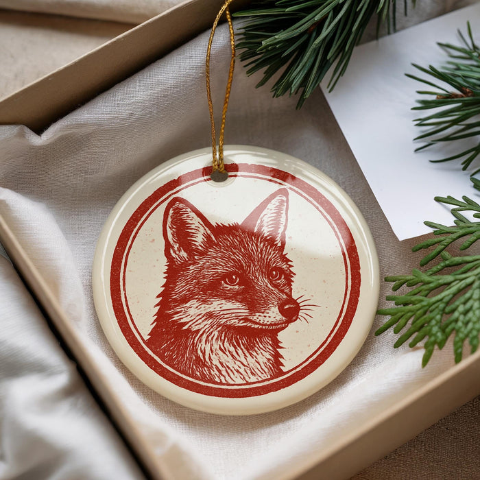 A red and white ornament featuring a fox's head is displayed in a box, surrounded by pine branches.
