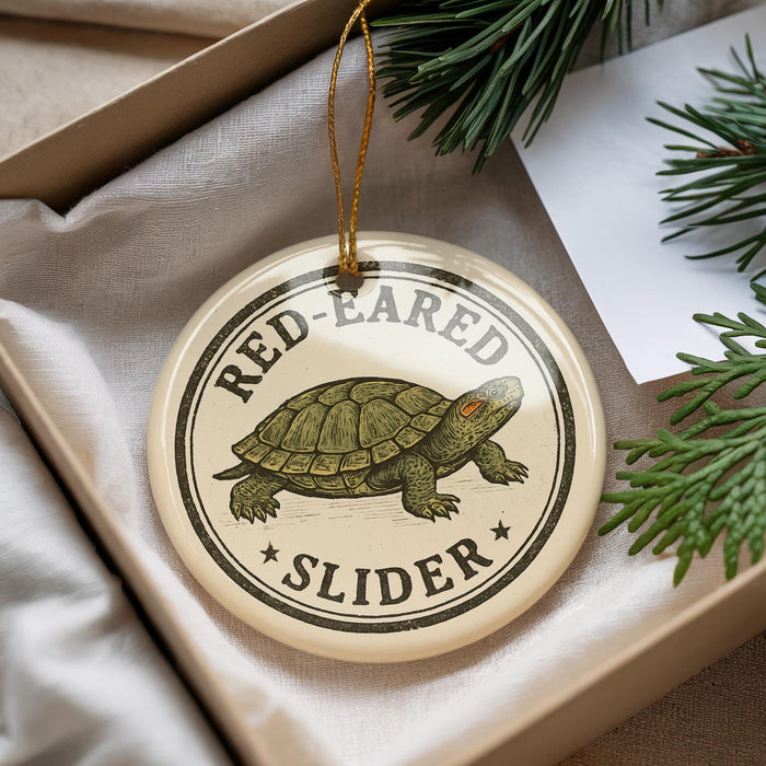A round ornament with a turtle design, hanging from a string, placed on a surface with pine branches.