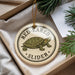 A round ornament with a turtle design, hanging from a string, placed on a surface with pine branches.