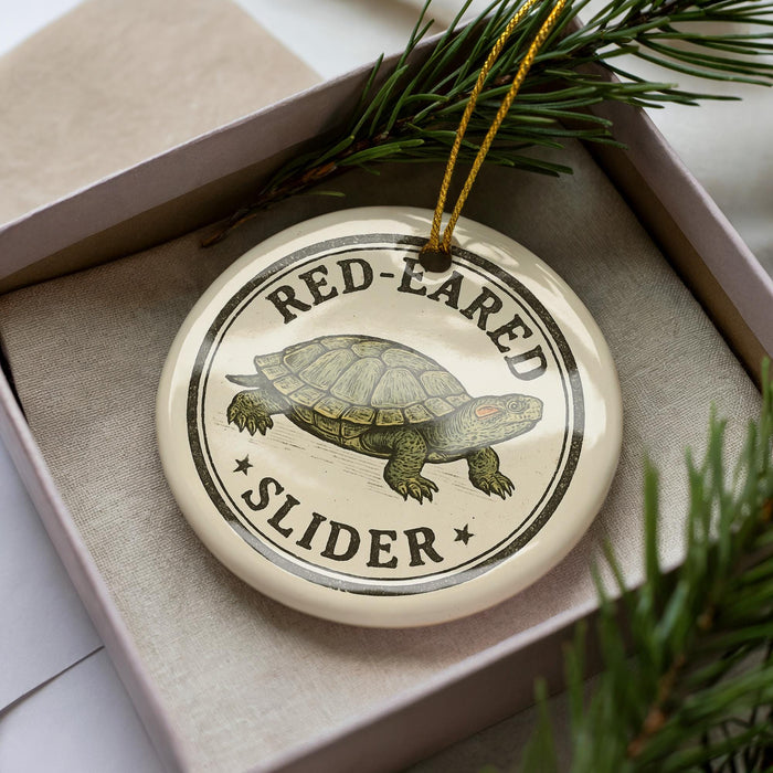 A round ornament with a turtle image and the text "RED-EARED SLIDER" on it, placed in a box with pine branches.