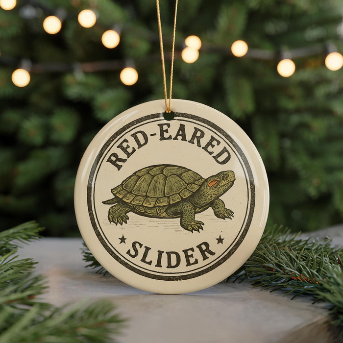 A round ornament with a turtle design and the text "RED-EARED SLIDER" on it, hanging in front of a Christmas tree with twinkling lights.