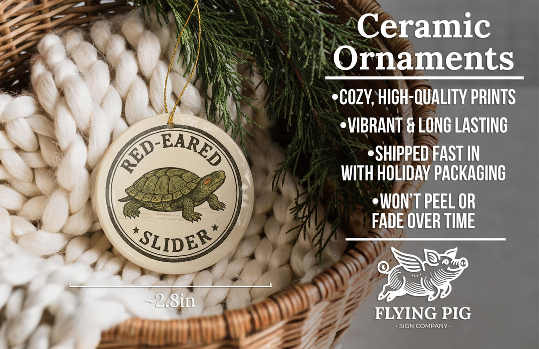 Ceramic ornaments, including a ceramic turtle ornament, are displayed in a woven basket.