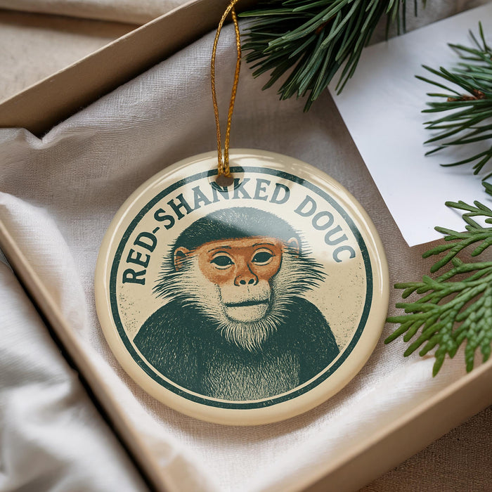 A round ornament featuring a monkey with a humorous caption, "RED-SHANKED DOUC", is displayed in a box with pine branches.