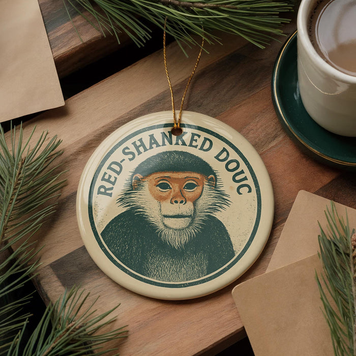 A round ornament featuring a monkey's face with the text "RED SHANKED DOUC" is displayed on a wooden surface, surrounded by pine branches and a cup of coffee.