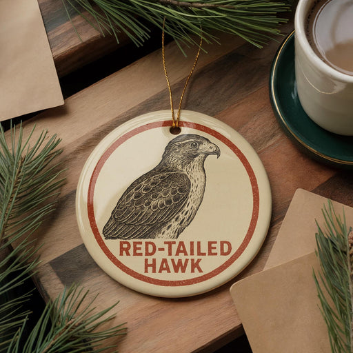 A round ornament featuring a red-tailed hawk is displayed on a wooden surface, surrounded by pine branches and a cup of coffee.