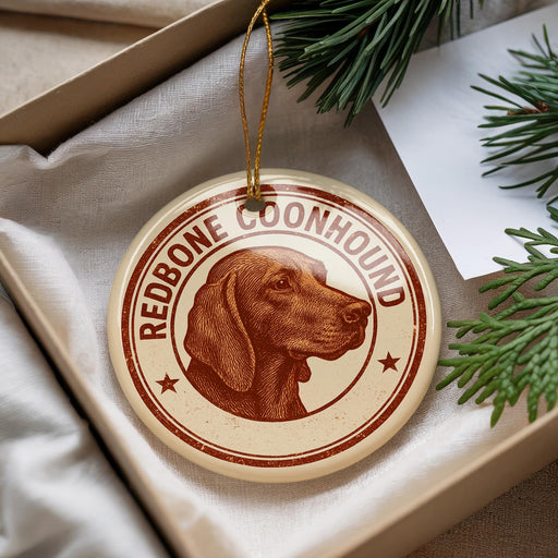 A round ornament with a brown dog's head and the text "REDBONE COONHOUND" is displayed in a box, surrounded by pine branches.