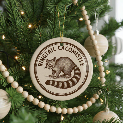 A Christmas tree decorated with ornaments, including a round ornament with a raccoon image and the text "Ringtail Cacomistle".