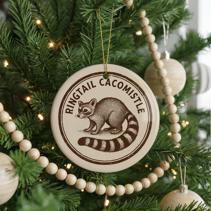 A Christmas tree decorated with ornaments, including a round ornament with a raccoon image and the text "Ringtail Cacomistle".