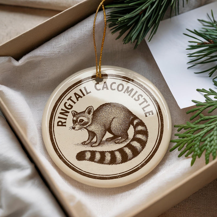 A round ornament with a raccoon image and the text "Ringtail Cacomistle" is displayed in a box with pine branches.