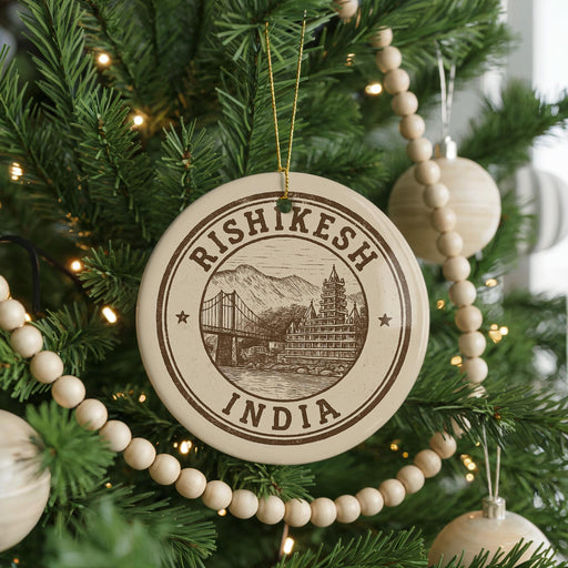 A Christmas tree decorated with ornaments, including a circular ornament with the text "RISHIKESH INDIA" and a drawing of a bridge.