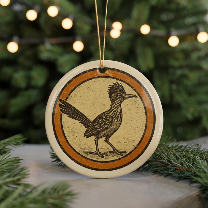 A ceramic ornament featuring a detailed illustration of a roadrunner bird is displayed on a table, surrounded by pine branches and twinkling lights.