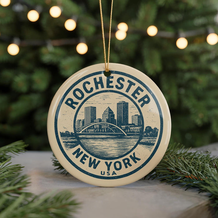 A circular ornament with a cityscape design, featuring the text "Rochester, New York" and "USA", hanging from a string.