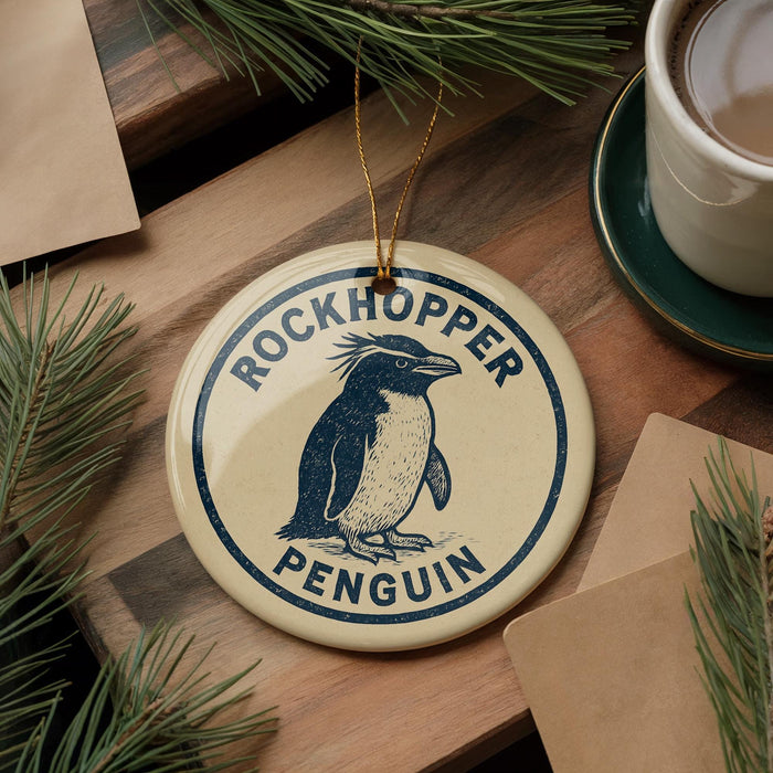 A round ornament featuring a penguin is displayed on a wooden surface, surrounded by pine branches and a cup of coffee.