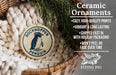 a ceramic ornament hanging from a wicker basket, with a text overlay providing information about the ornament.