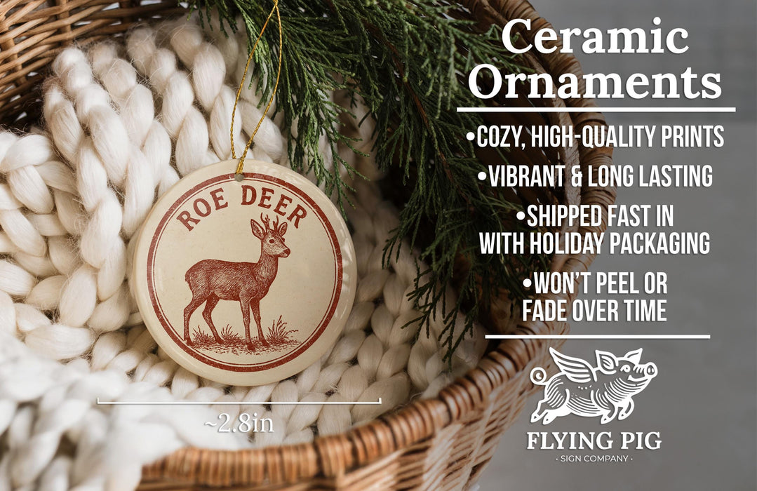 Ceramic ornaments, specifically roe deer ornaments, are displayed in a wicker basket.