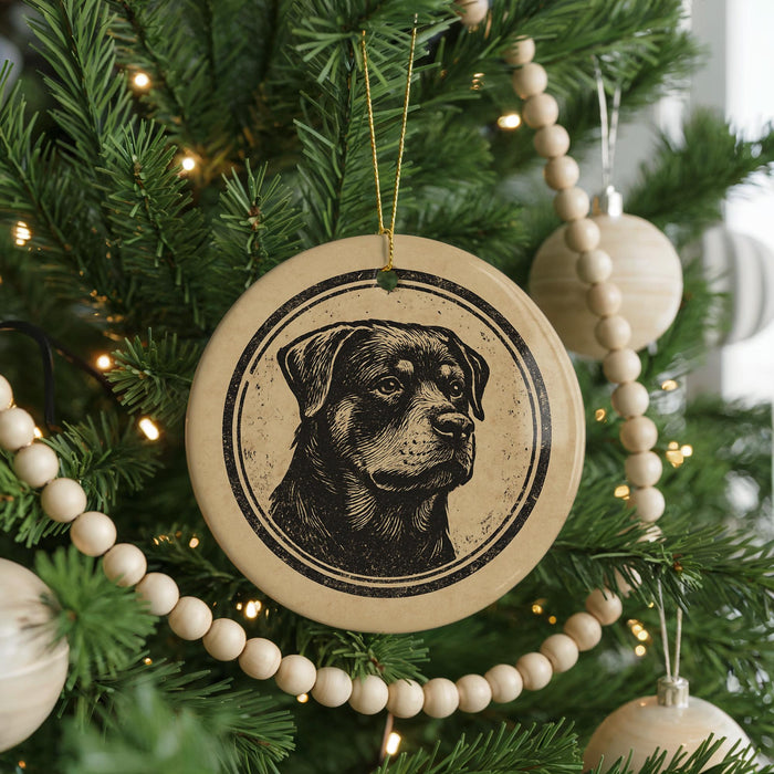 A Christmas tree decorated with ornaments, including a circular ornament featuring a black and white image of a dog's face.