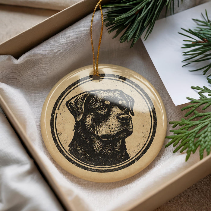 A round ornament featuring a black and white illustration of a dog's face is displayed in a box, surrounded by pine branches.