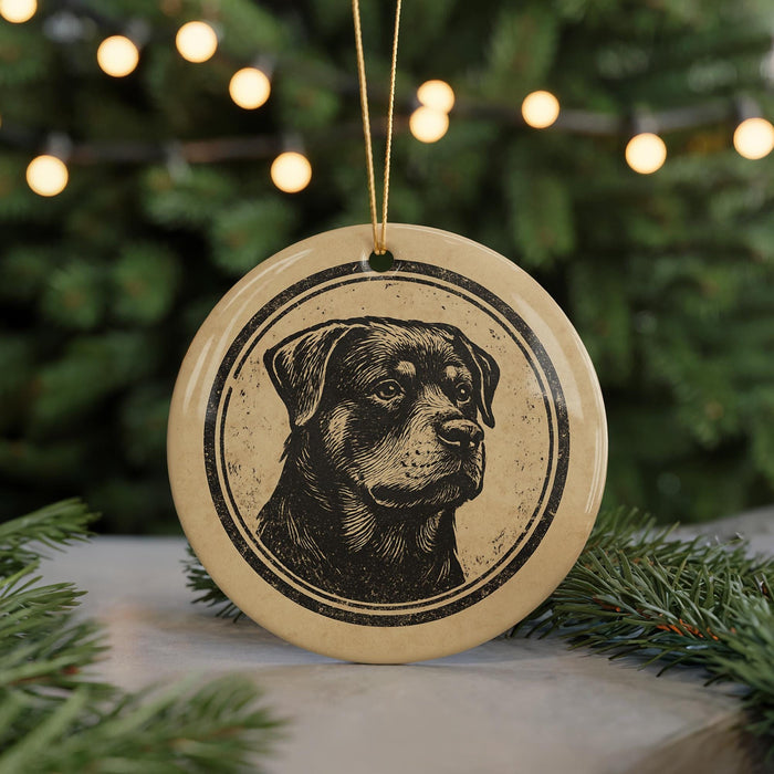 A round ornament featuring a black and white illustration of a dog's face, hanging from a string against a blurred background of Christmas lights and greenery.