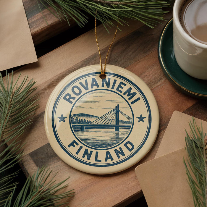 A circular ornament with the text "ROVANIEMI FINLAND" and an illustration of a bridge is displayed on a wooden surface, surrounded by pine branches and a cup of coffee.