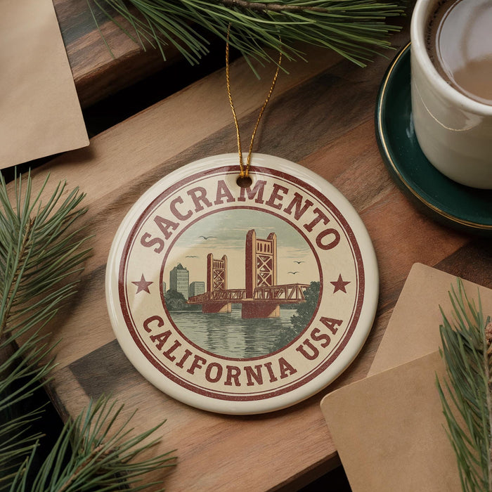 A ceramic ornament with the text "Sacramento, California USA" and an illustration of the Sacramento Bridge, placed on a wooden surface alongside a cup of coffee and some pine branches.