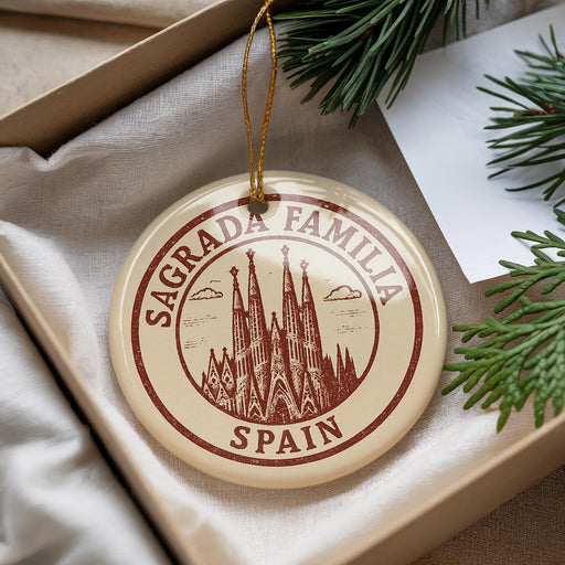 A decorative ornament with the text "Sagrada Familia" and "Spanish" printed on it, hanging from a string. The ornament is placed on a white surface, with some greenery visible in the background.