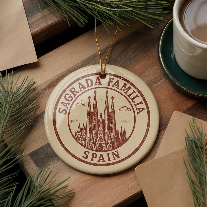 A circular ornament with the text "Sagrada Familia" and "Spain" printed on it, surrounded by pine branches and a cup of coffee on a wooden surface.