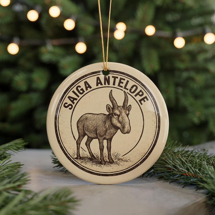 A circular ornament featuring a drawing of a goat with the text "SAIGA ANTELOPE" on it, hanging from a string.