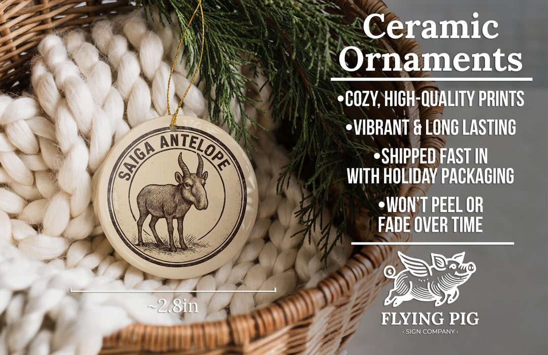 Ceramic ornaments, featuring a ceramic ornament with a detailed illustration of a goat, are displayed in a woven basket.
