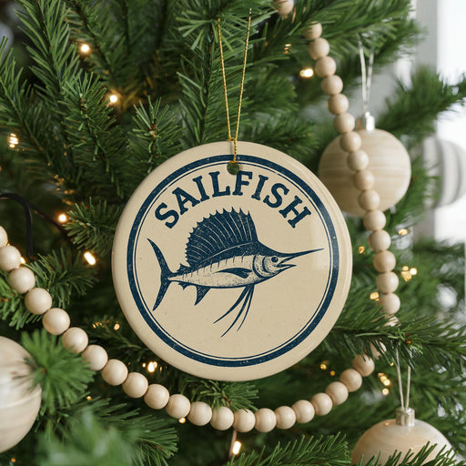 A Christmas tree decorated with ornaments, including a round ornament with a blue and white design featuring a sailfish and the word "SAILFISH" written on it.