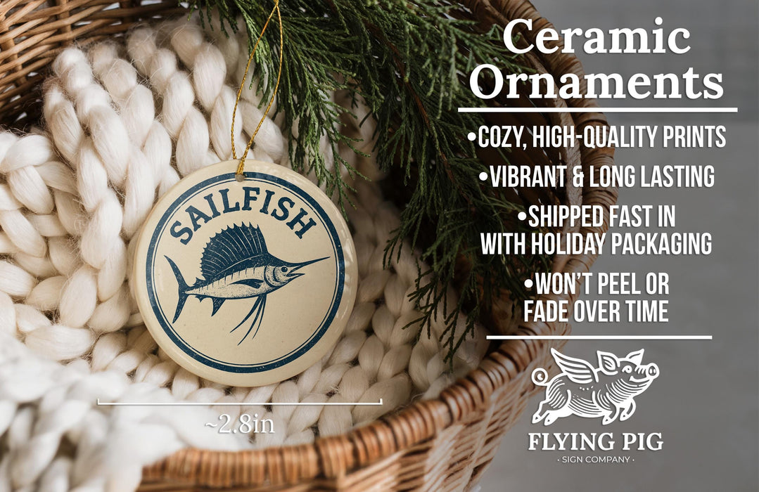 Ceramic ornaments, featuring a saalfish design, are displayed in a woven basket.