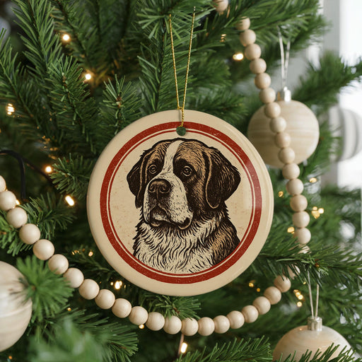A Christmas tree decorated with ornaments, including a circular ornament featuring a dog's face.