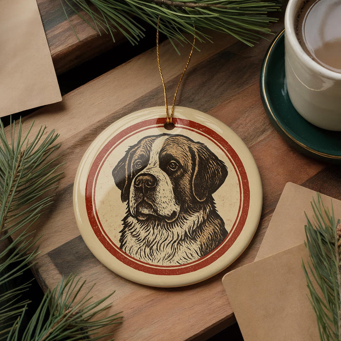 A round ornament featuring a dog's face is displayed on a wooden surface, surrounded by pine branches and a cup of coffee.