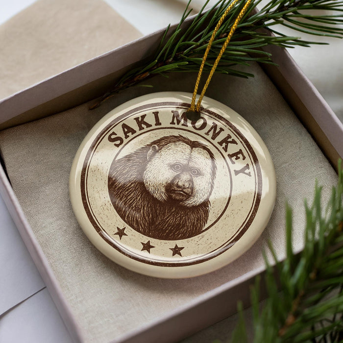 A circular ornament with a monkey image and the text "SAKI MONKEY" is displayed in a box, surrounded by pine branches.