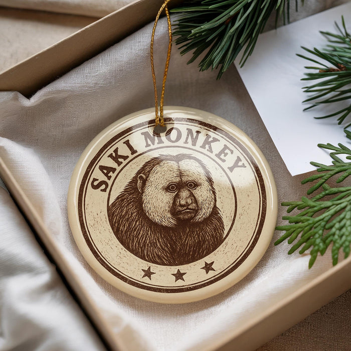 A round ornament with a monkey's face on it, hanging from a string.