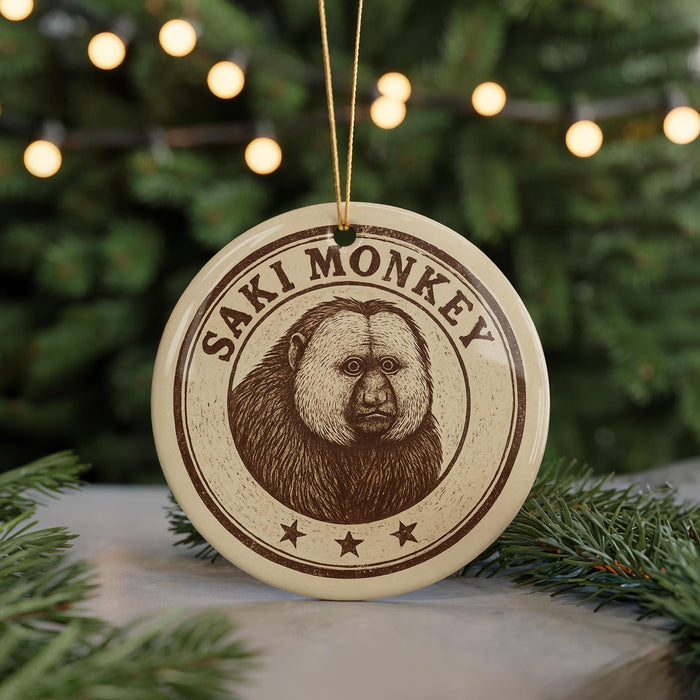 A circular ornament featuring a monkey's face, with the text "SAKI MONKEY" printed on it, is hanging from a string in front of a Christmas tree.